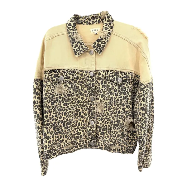 POL Leopard Print Distressed Denim‎ Jacket Tan Colorblock Oversized S Western - Image 4