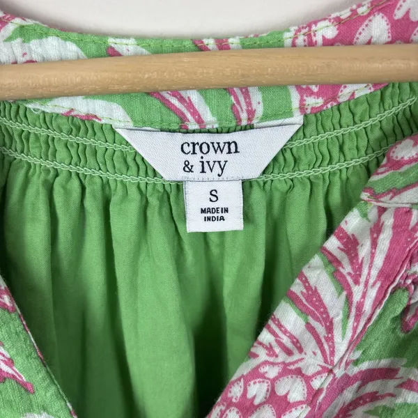 Crown Ivy Dress Sz‎ S Pineapple Green Cottage Tiered Tropical Puff Short - Image 6