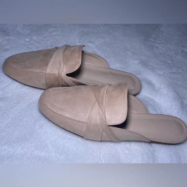 LAICIGO Suede Flat Mules Closed Square Toe Backless Loafers Beige Tan 9.5 - Image 6