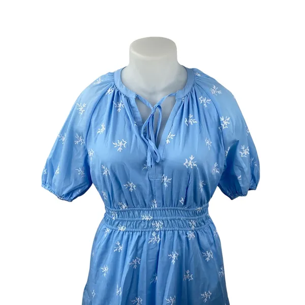 Women's Blue Embroidered Smocked Tiered Tie Neck Puff Sleeve Midi Flare A-Line L - Image 2