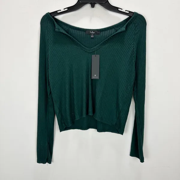 Lulus Lacefield Hunter Green Notched Long Sleeve Sweater Top Ribbed XS NWT - Image 4