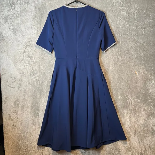 Kay Unger Navy Blue Fit & Flare Dress Elegant Draped Bodice Rhinestone Trim Sz 4 - Image 7