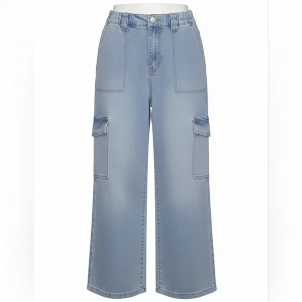 Madden Girl Blue Denim Cargo Jeans Medium Y2K Baggy Wide Leg Cyber - Image 4