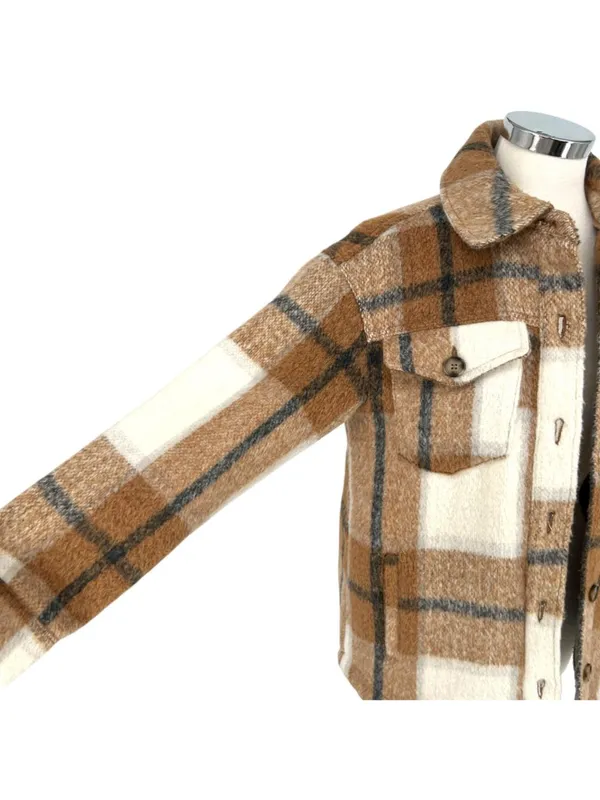 Avec Les Filles Plaid Shacket Jacket Button-Up Brown Cream Size Small Cabincore - Image 3