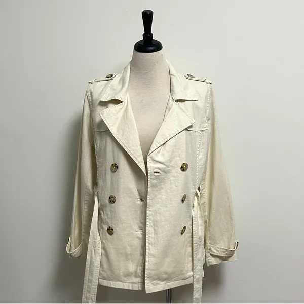 Old Navy Ivory Yellow Cast Double Breasted Tie Belt Woven Linen Blend Jacket NWT - Image 4