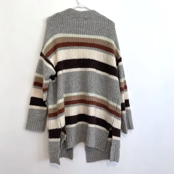 A NEW DAY Striped Open Front Cardigan Gray Cream Tan Brown Long Heavy Sweater M - Image 13
