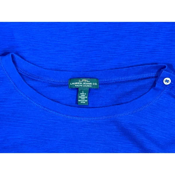 LRL Lauren Jeans Co Ralph Lauren Top Size L Blue Stripe Button Shoulder Blouse - Image 5