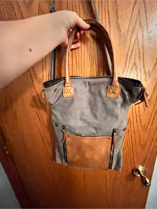 Mona B Gray Canvas Shoulder Bag with Brown Leather Handles - Image 2