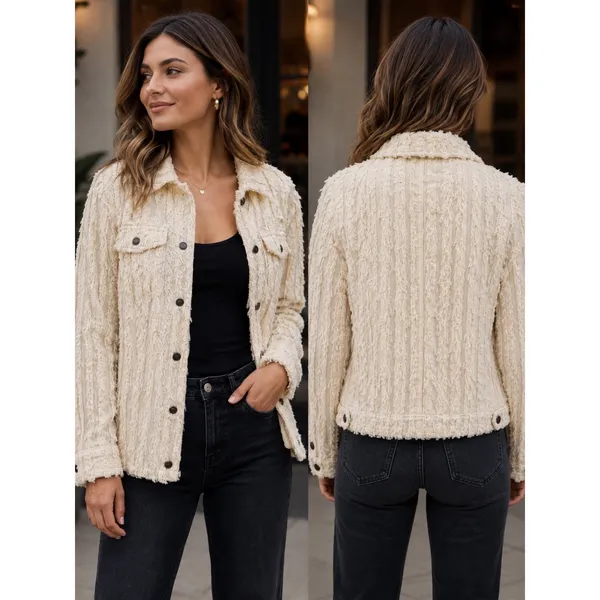 Pilcro Fluffy Corduroy Trucker Jacket Womens Large Cream Frayed Fringe NWOT - Image 2