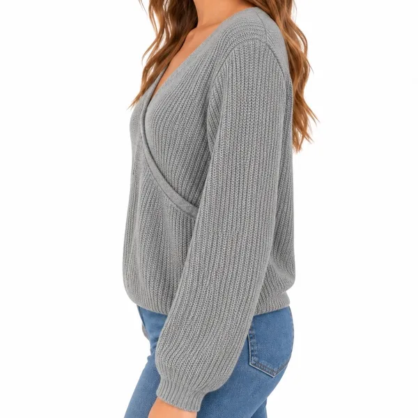 Hollister Gray Wrap Front Ribbed Knit Sweater Women’s Small Balloon Sleeve - Image 3