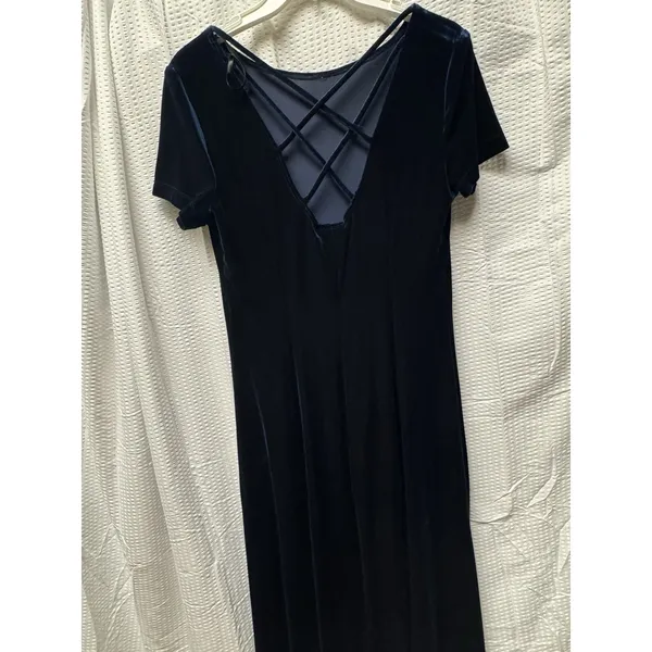 Vintage Caren Desiree Co. Deep‎ Navy Blue Velvet Maxi Dress Size 10 Fitted Flair - Image 11