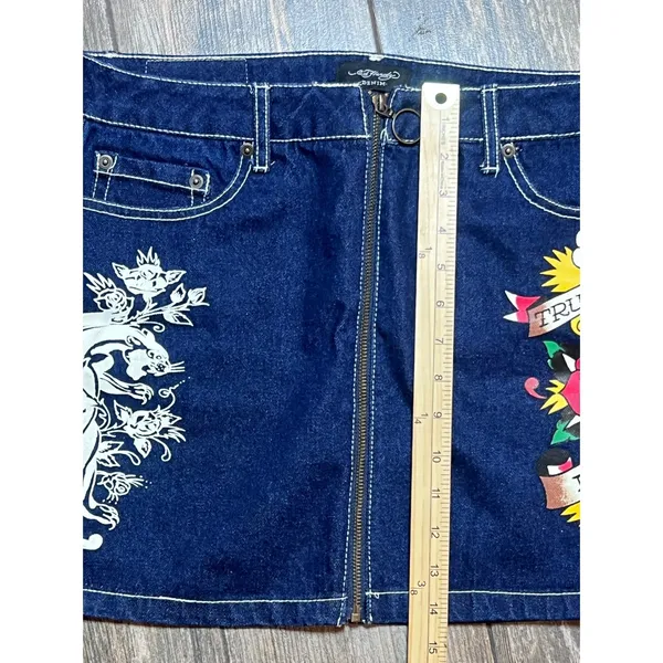 Ed Hardy Denim Mini Skirt Y2K Panther Rose Tattoo Blue Size Large Full Zip Retro - Image 7