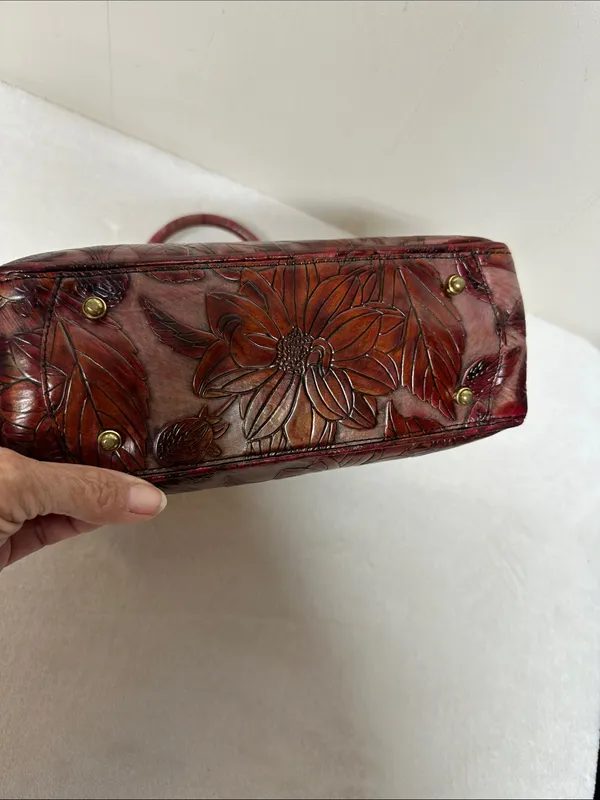Rare vintage Embossed Brahmin Burgundy Floral Embossed Leather Satchel - Image 4