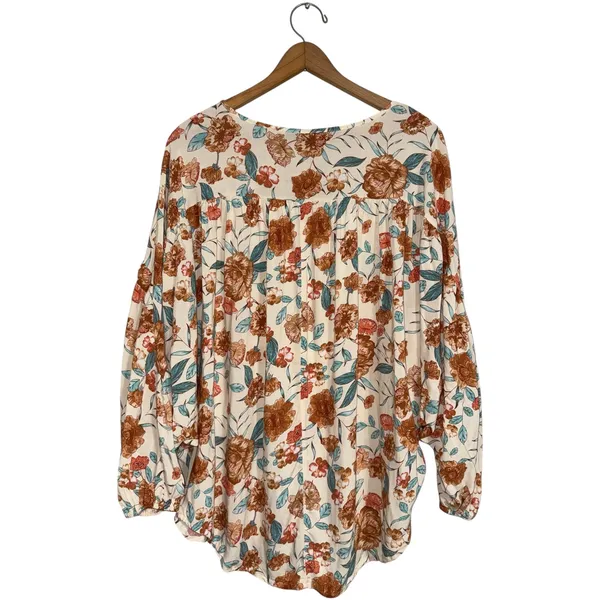 Hayden Los Angeles Floral Tassel Peasant‎ Blouse Rust Teal Boho Oversized Large - Image 3