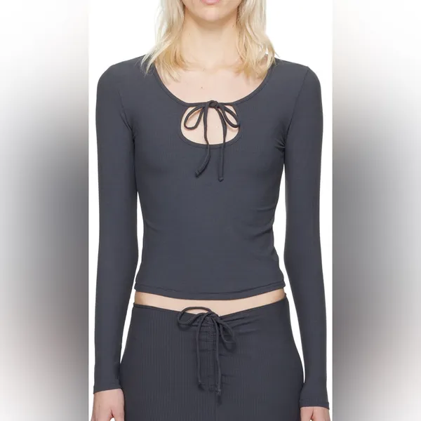 SKIMS Gray Soft Lounge Tie Front Long Sleeve T-Shirt - Image 4