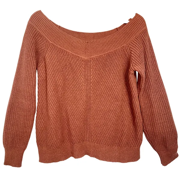 Abercrombie & Fitch Brown Knit Pullover Off The Shoulder V-Neck Sweater Size L - Image 2