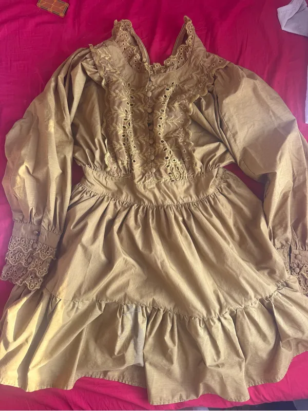 Chicwish Taupe Eyelet Tiered Long Sleeve Dress - Image 2