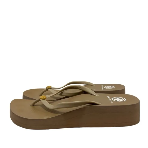 Tory Burch Beige Thin Wedge Logo Platform‎ Thong Flip Flops 10 - Image 2