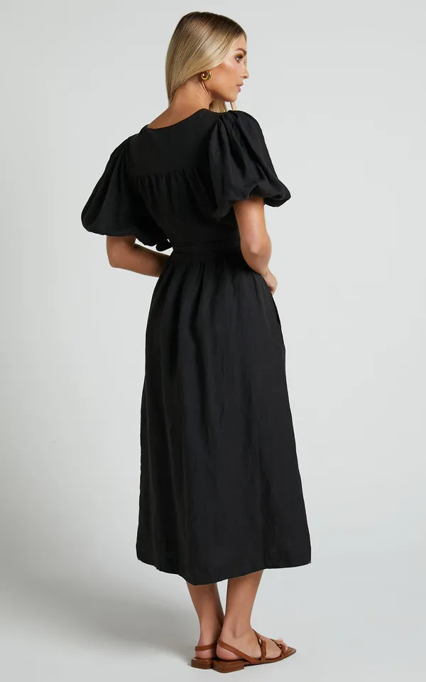 New SHOWPO Amalie The Label - Franc 100% Linen Puff Sleeve Wrap Midi Dress XL - Image 3