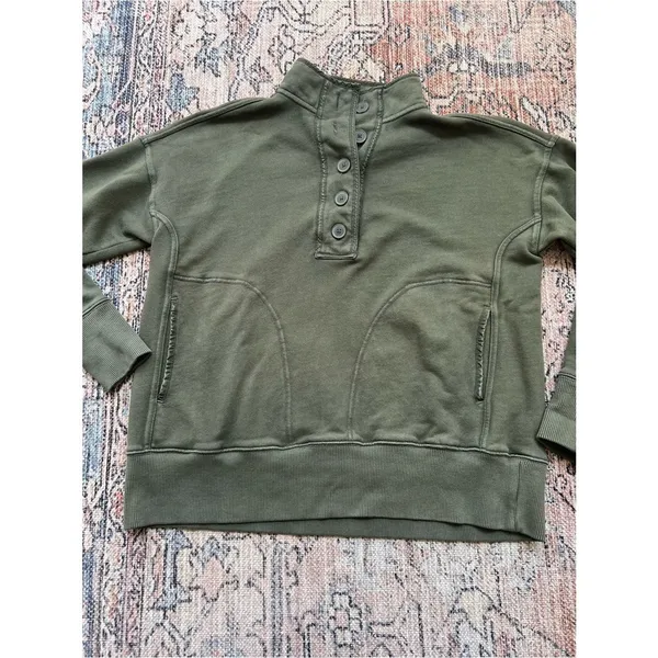 aerie Vintage Popover Olive Green Notch-Henley Pullover Sweatshirt Size XS - Image 6