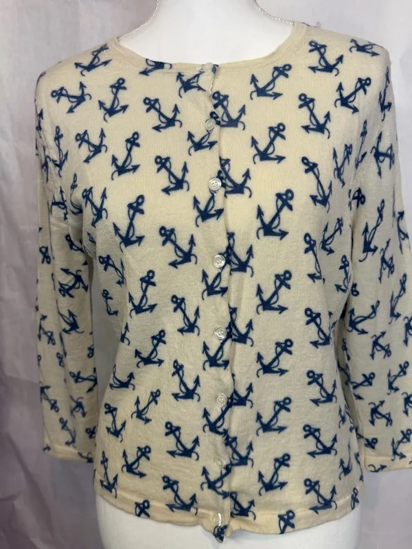 Garnet Hill Cream and Navy Anchor Button-Front Top - Image 5