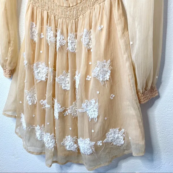 ASOS Sequin Flower Sheer Sleeve Nude Dress Size 6 - Image 5