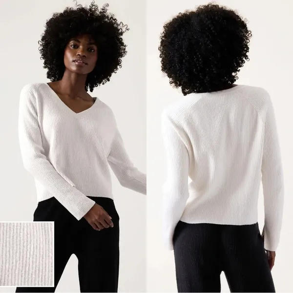 Athleta Cashmere Blend Felicity Cozy V-Neck Sweater Longsleeve Magnolia White XS - Image 2