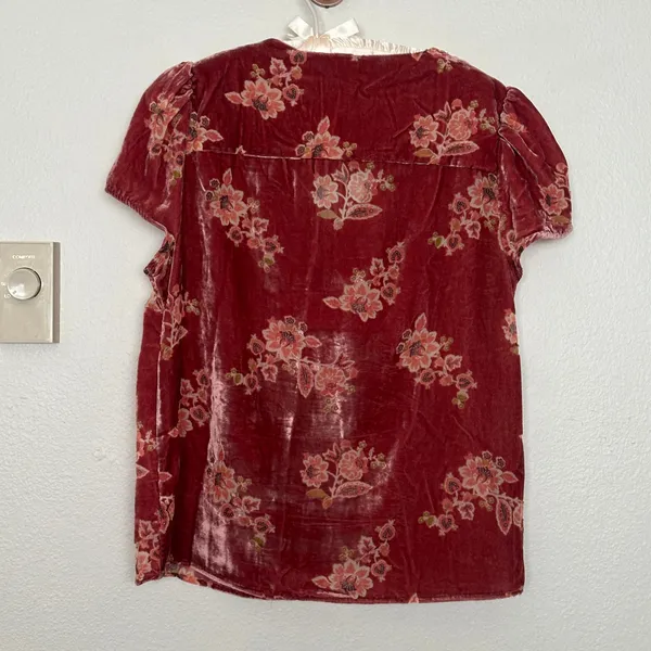 Velvet Burnout Salmon Rose Pink Floral V Neck Blouse Tshirt Top Tee Boho Fairy - Image 8