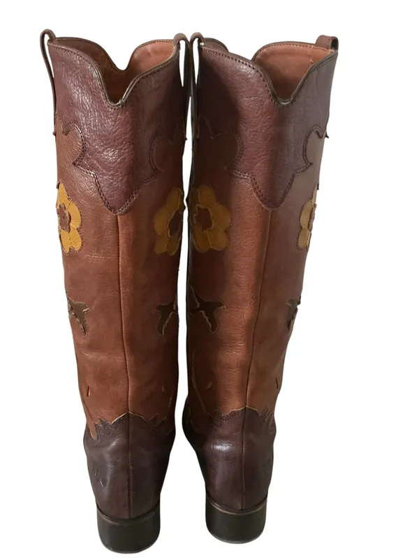 Vtg lucky brand western riding boots prominent yellow floral aplique pull-on - Image 3