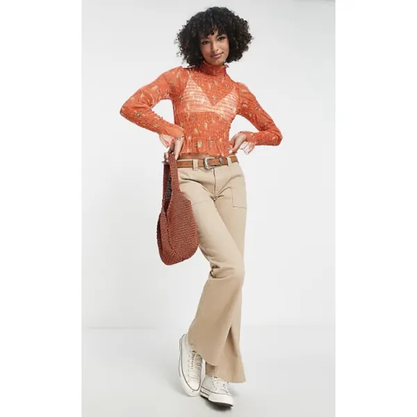 Free People Hello There Floral Sheer Mesh Mock Neck Bell Sleeve Blouse Sz S EUC - Image 3