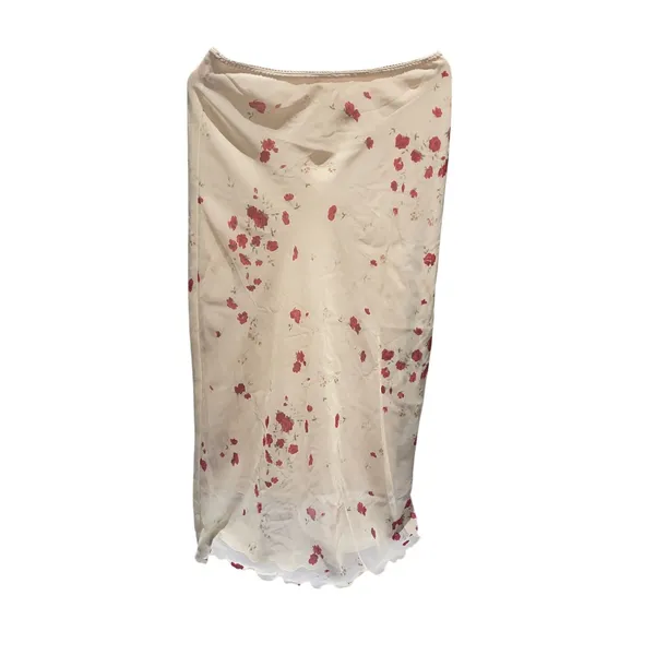 Studio Y Y2K Sheer Mesh Floral Maxi Skirt Cream Red Side Slit Women's Large - Image 3