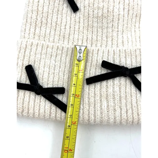 Anthropologie Rib Knit Ivory Beanie Hat New Bow Embellishments - Image 5