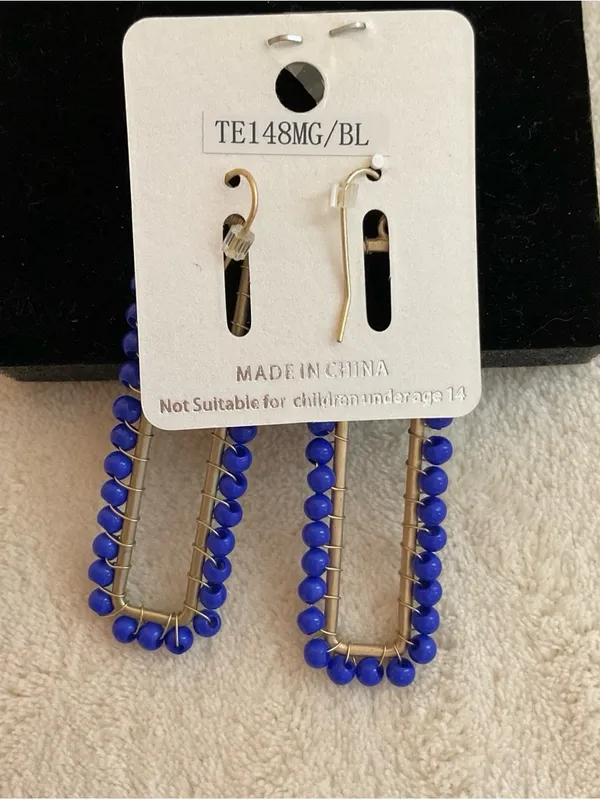 Royal Blue Beaded Rectangle Hoop Earrings - Image 4