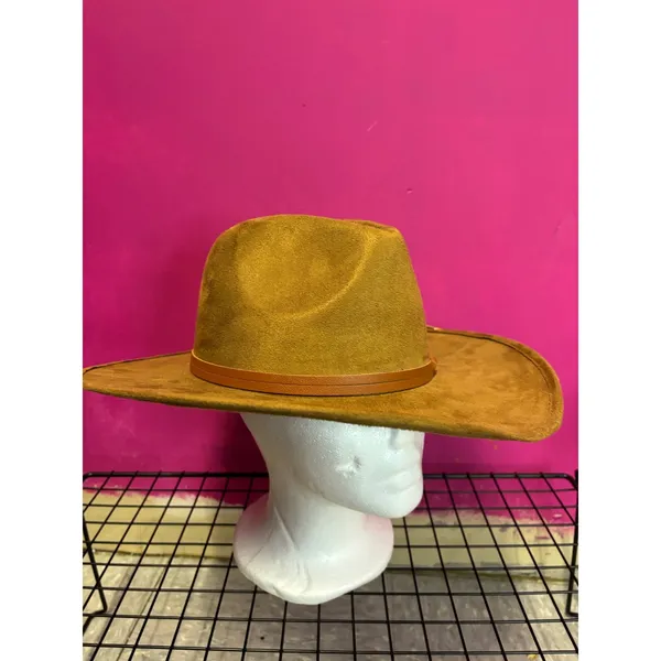 Camel Brown Faux Suede Wide Brim Fedora Hat with Tassel Band RN157656 - Image 2