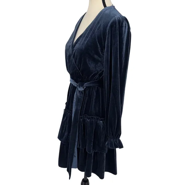 Baltic Born Navy Blue Velvet Faux Wrap Tiered Mini Dress Long Sleeve Size M - Image 3