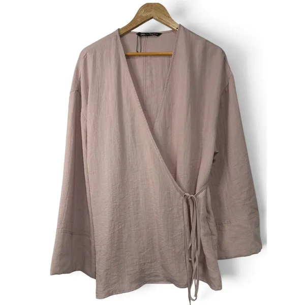 Zara Women Blush Pink Linen Blend Wrap Top Long Sleeve Kimono Style NWOT Medium - Image 3