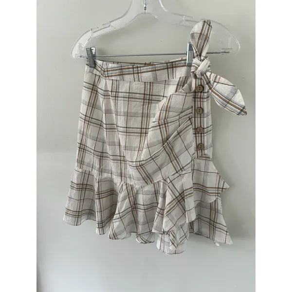 VERONICA BEARD Kaia Tan & White Check Plaid MINI Skirt w/Tie Women's Size XSmall - Image 4