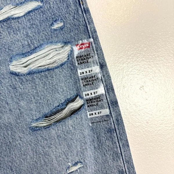 LEVI'S Ribcage High Rise Destructed Straight Jeans in Wash Haleys Comment US 28 - Image 8