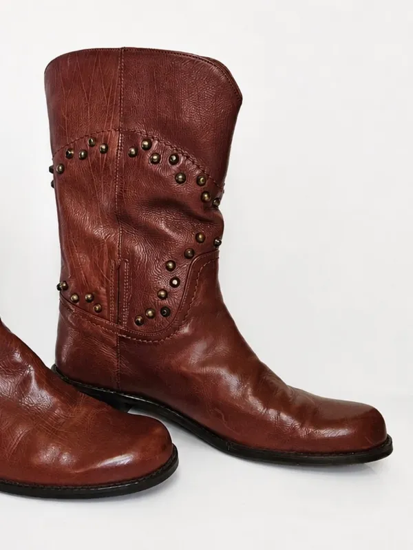 Stuart Weitzman Cognac Brown Leather Studded Western Mid-Calf Boots Womens 7M - Image 9