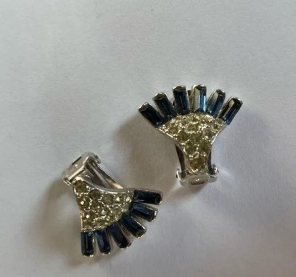 Vintage Simulated Sapphire and CZ Silver-tone Paddle Back Clip On Earrings - Image 2