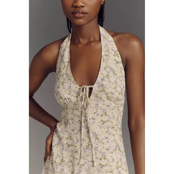 Maeve by Anthropologie Cream Halter Mini Dress with Lavender Floral 100% Viscose - Image 4