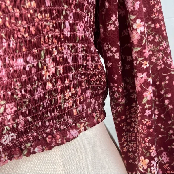 Altar’d State Vaella Smocked Floral Top in Burgundy Long Sleeve‎ Cropped medium - Image 6