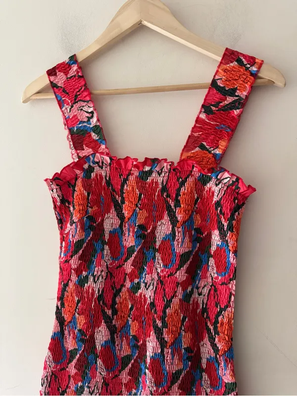 SNDYS Revolve Red Floral Smocked Midi Dress Bodycon Square Neck Ruffle - Image 3