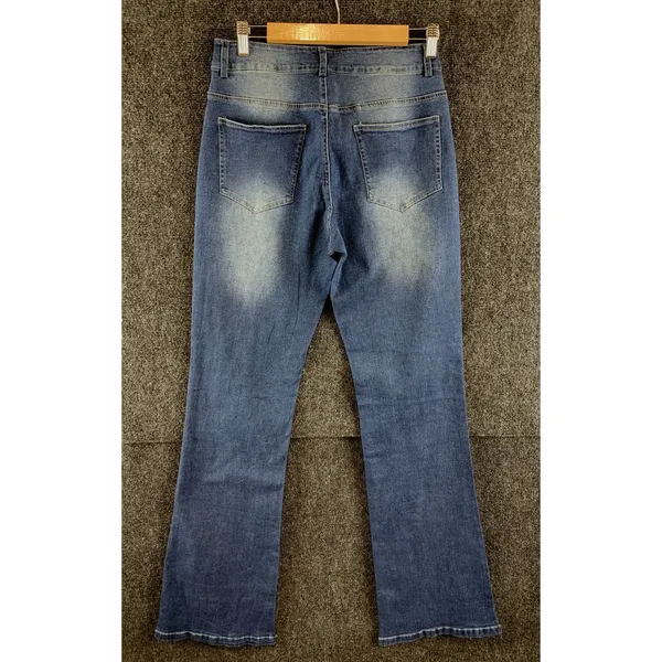 High Waisted Flare Jeans Medium Wash Distress Fade Womens Size S NEW - Image 11