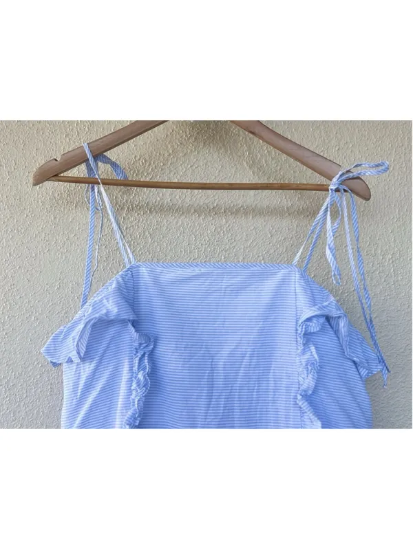 Moon River Blue Stripe Ruffle Tiered Mini Dress Tie Strap Nautical Coastal Prep - Image 3