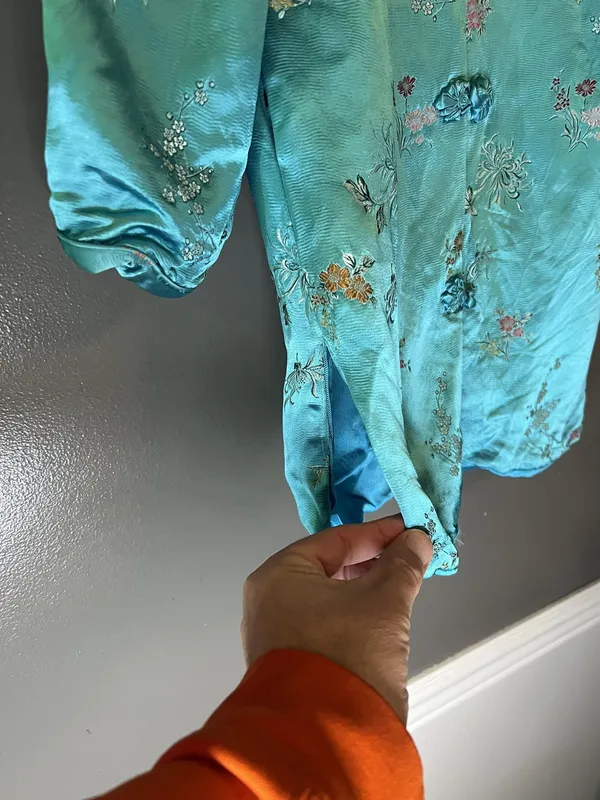Vintage Great Lion Jacket Womens XS Teal Silk Embroidered Mandarin Hong Kong 60s - Image 8