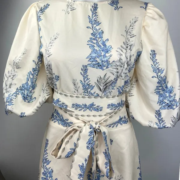 Shein White Plants Print Cut Out Tie Back Lantern Sleeve Boho A Line Dress Sz S - Image 6