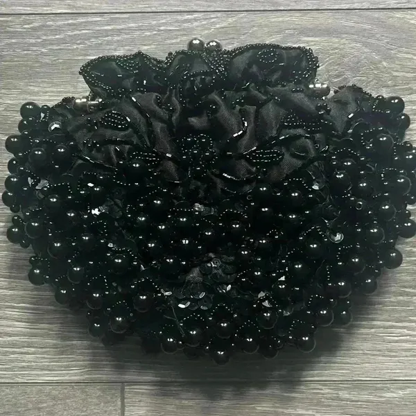 Vintage Style Black 20s Flapper Beaded Bag Removable Silver Strap Costume Party - Image 5