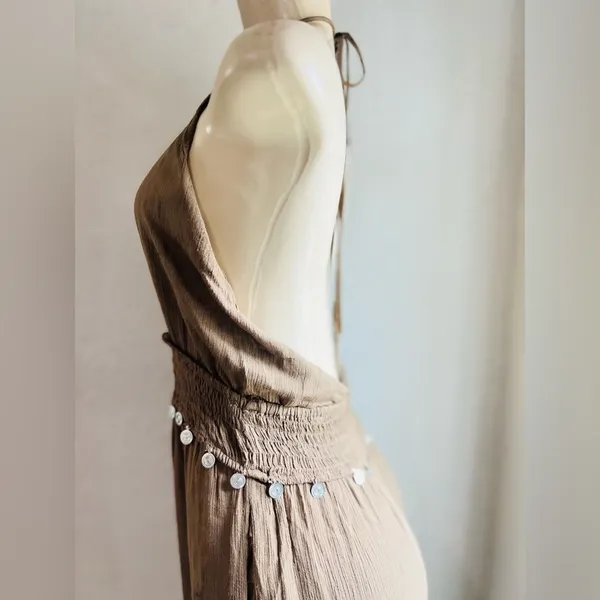 Earthbound Trading Co halter neck, gathered waist, harem leg jumpsuit, olive S - Image 6