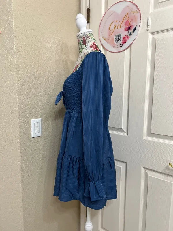Le Lis Blue Smocked Babydoll Mini Dress Tie Front Boho size M - Image 5